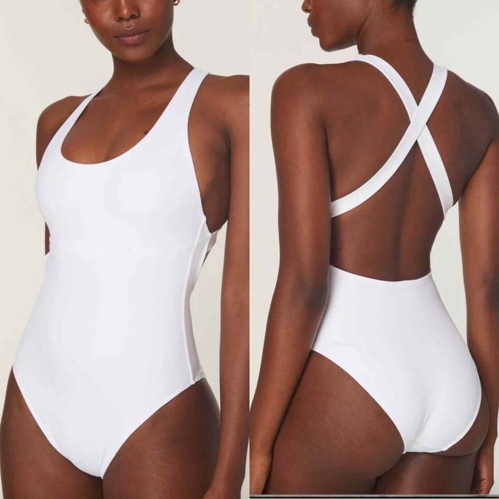 Andie The Tulum One Piece White Cross Back Swimsuit Scoop Neck High Cut Leg